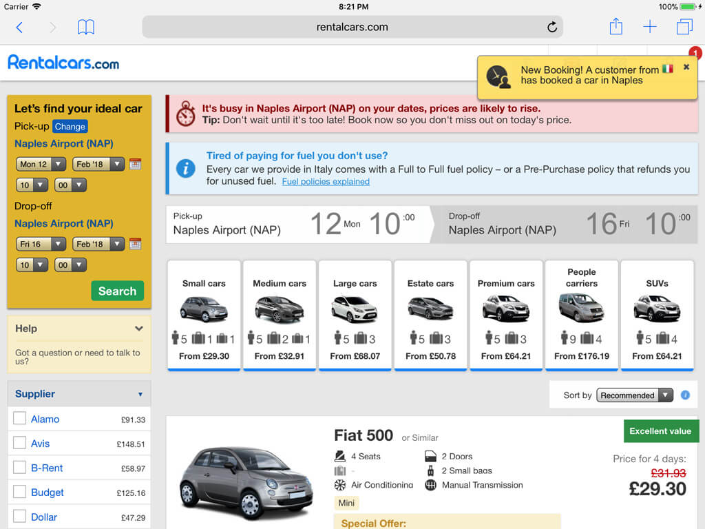 Hi-fi prototype of a change on an existing UI to add the information 'Unlimited mileage' more prominent