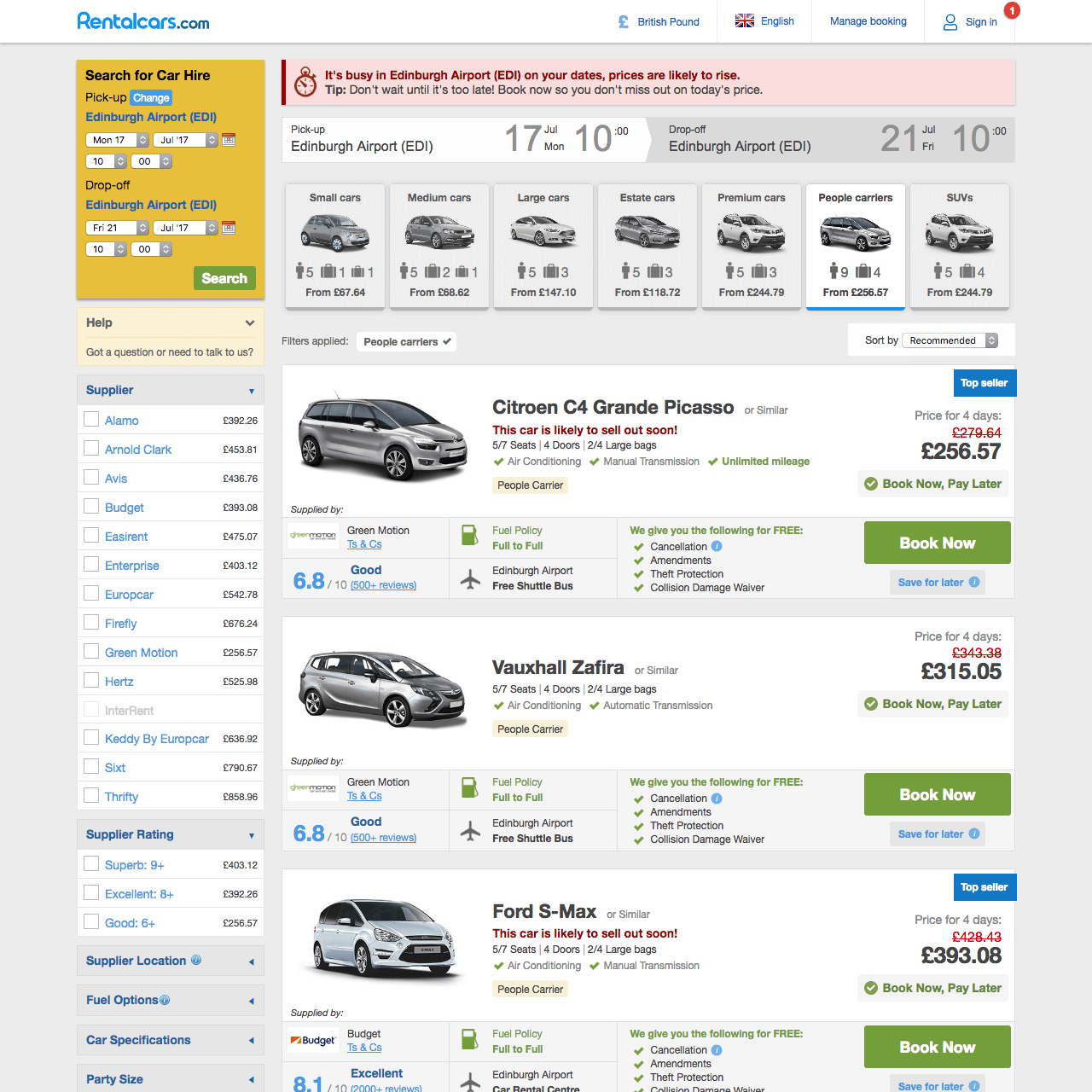 Screenshot from an old Rentalcars.com page showing urgency messages.
