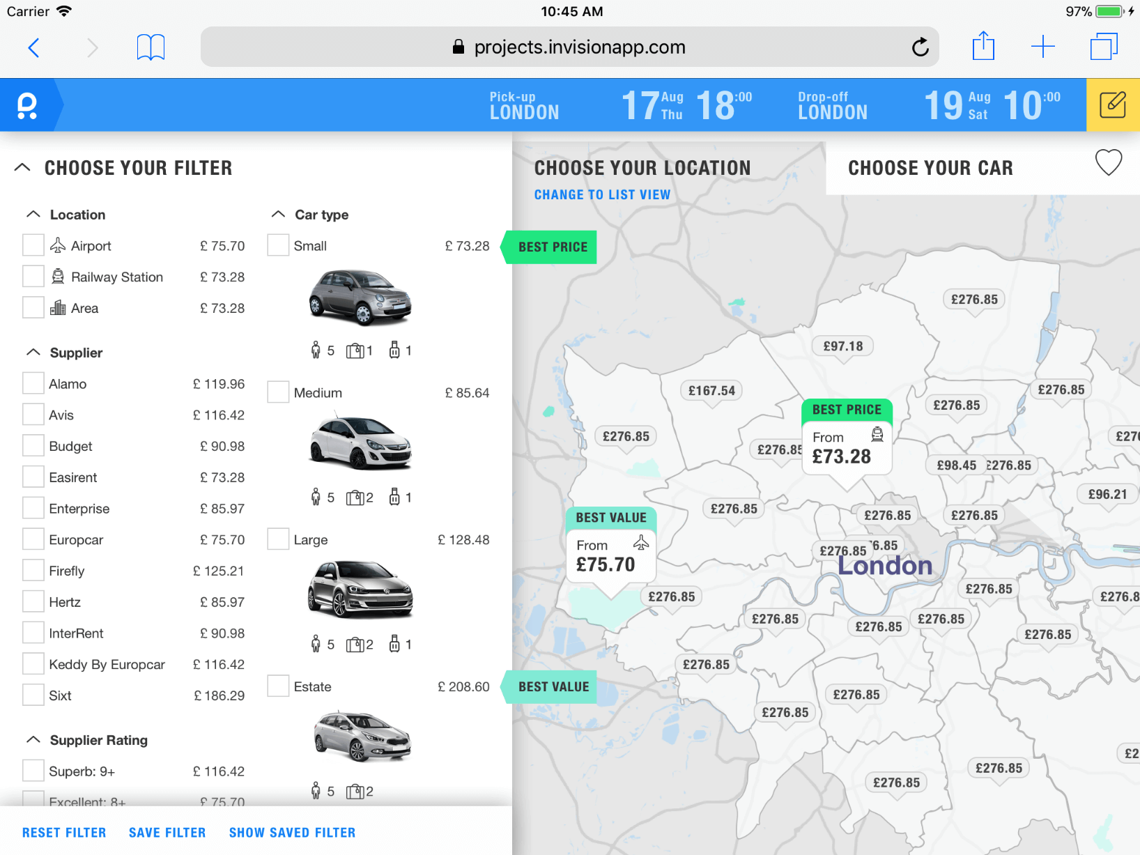 Concept of a map search  for Rentalcars on a tablet.