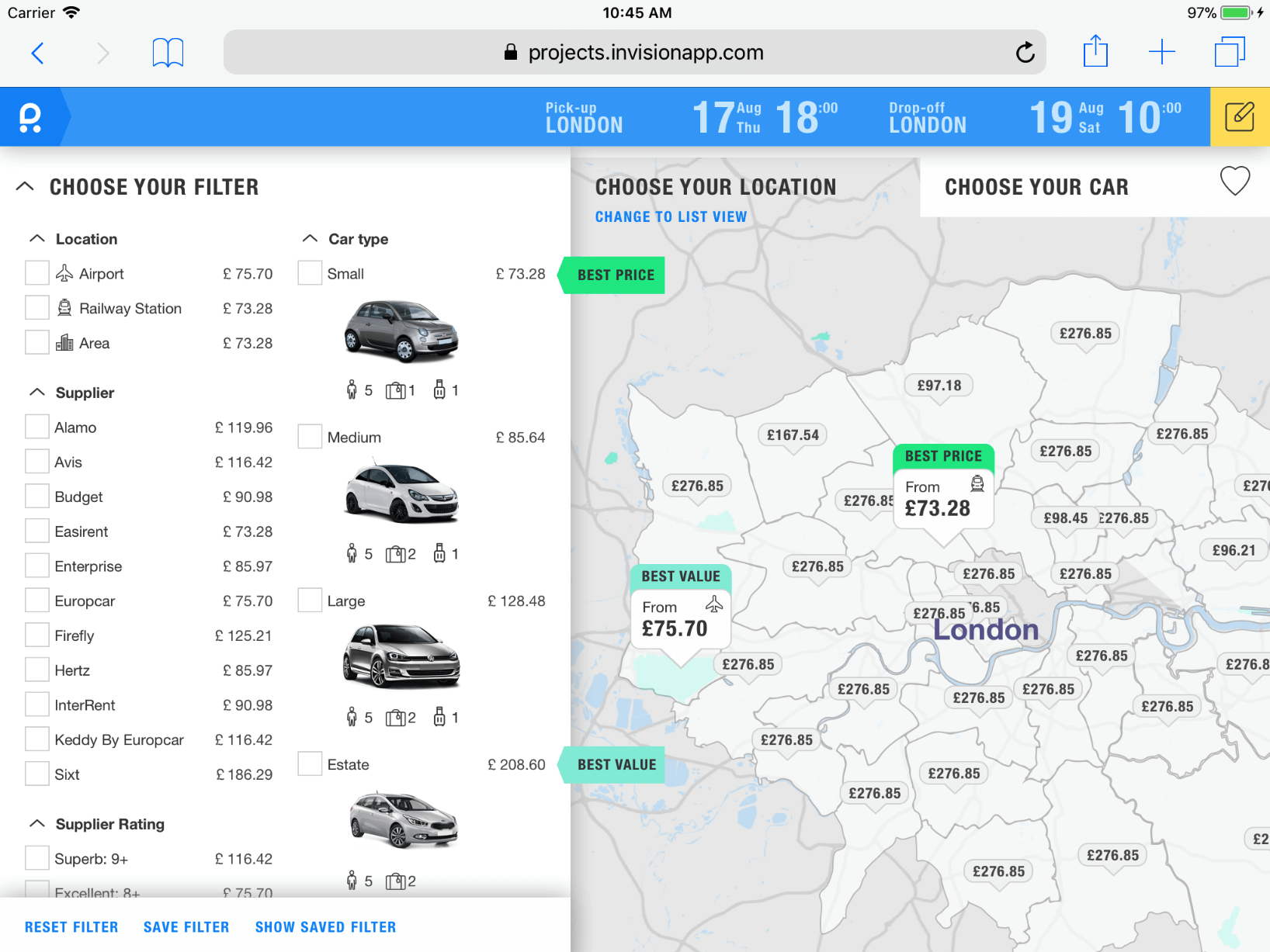 Concept of a map search for Rentalcars on a tablet.