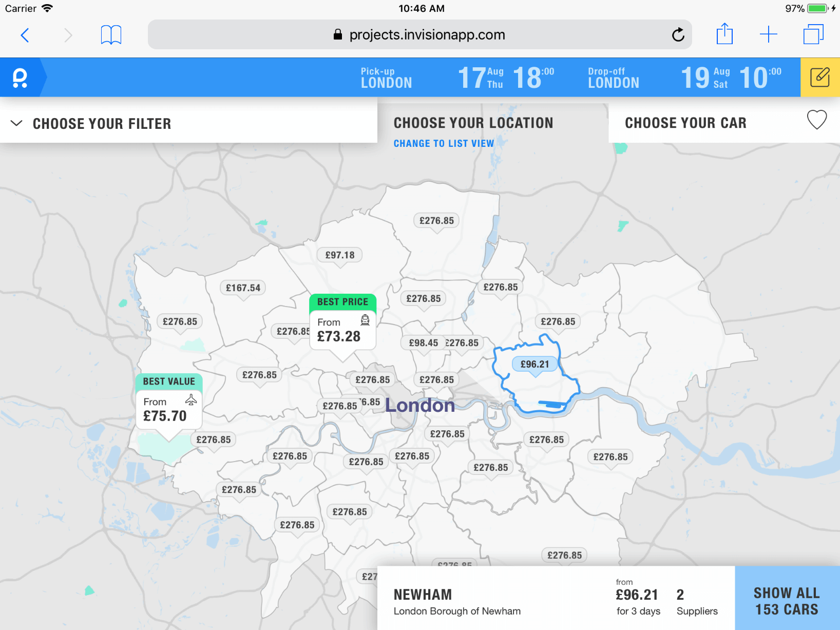 Screenshot of a design study to figure out how to make a map color theme better focusing on Rentalcars user needs.