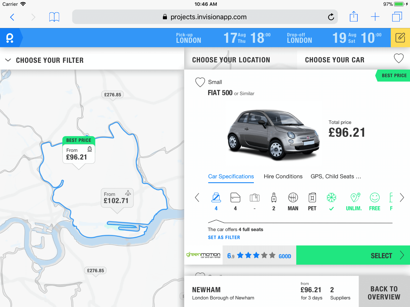 Car detail flow together with a map view