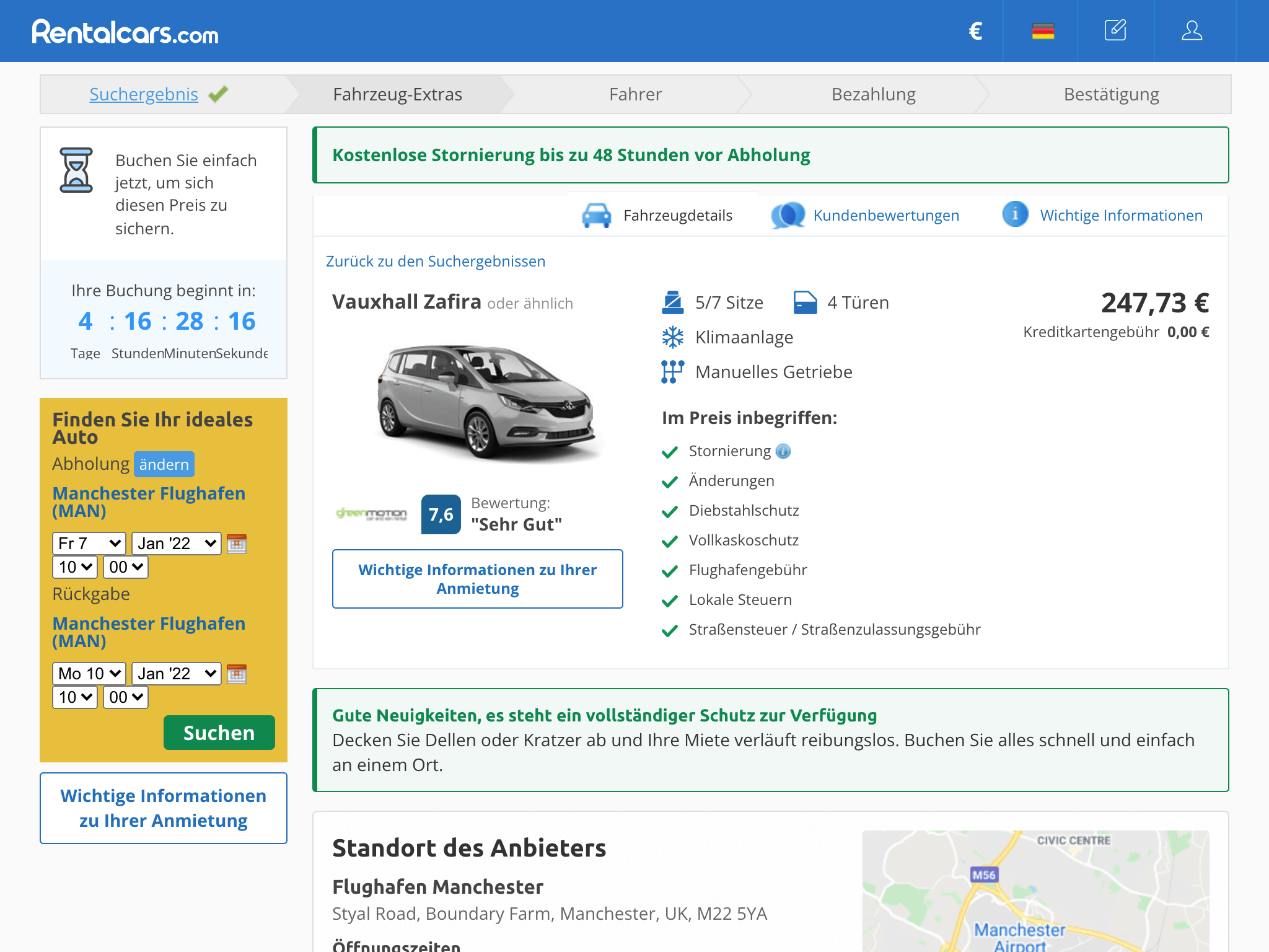 Screenshot of the current Rentalcars.com car extras page