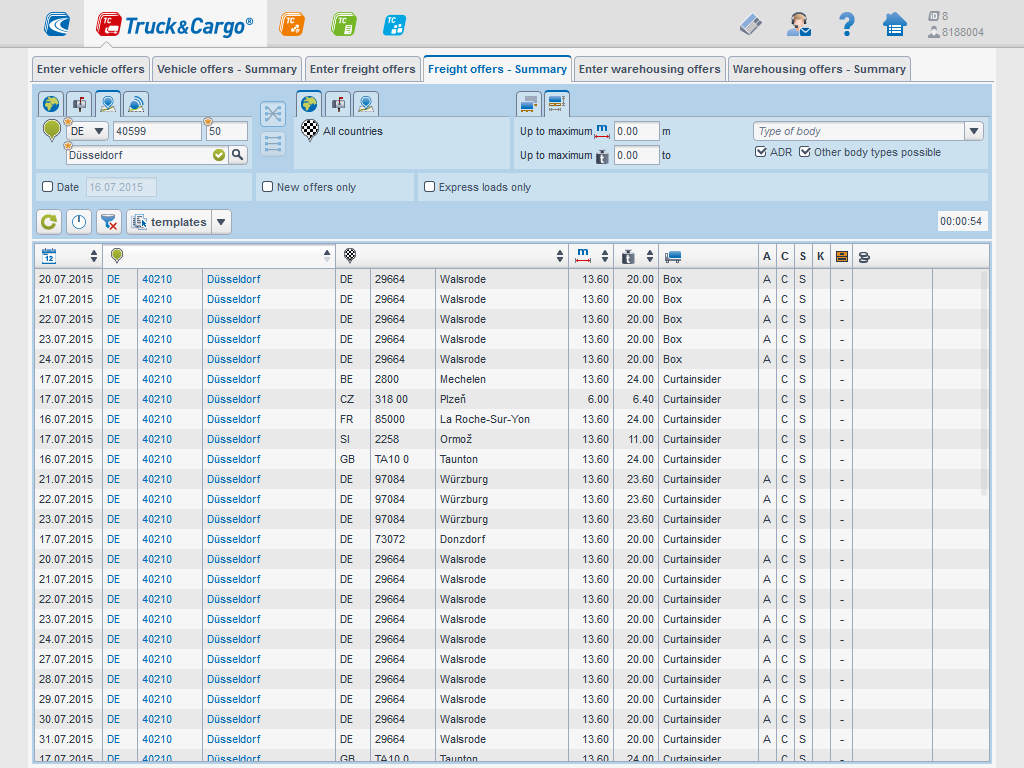 Screenshot of the digital freight exchange TC Truck and Cargo