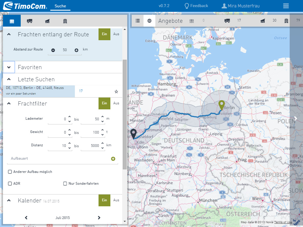 Freight offer table using full space of a tablet-PC resolution with open freight offer detail.