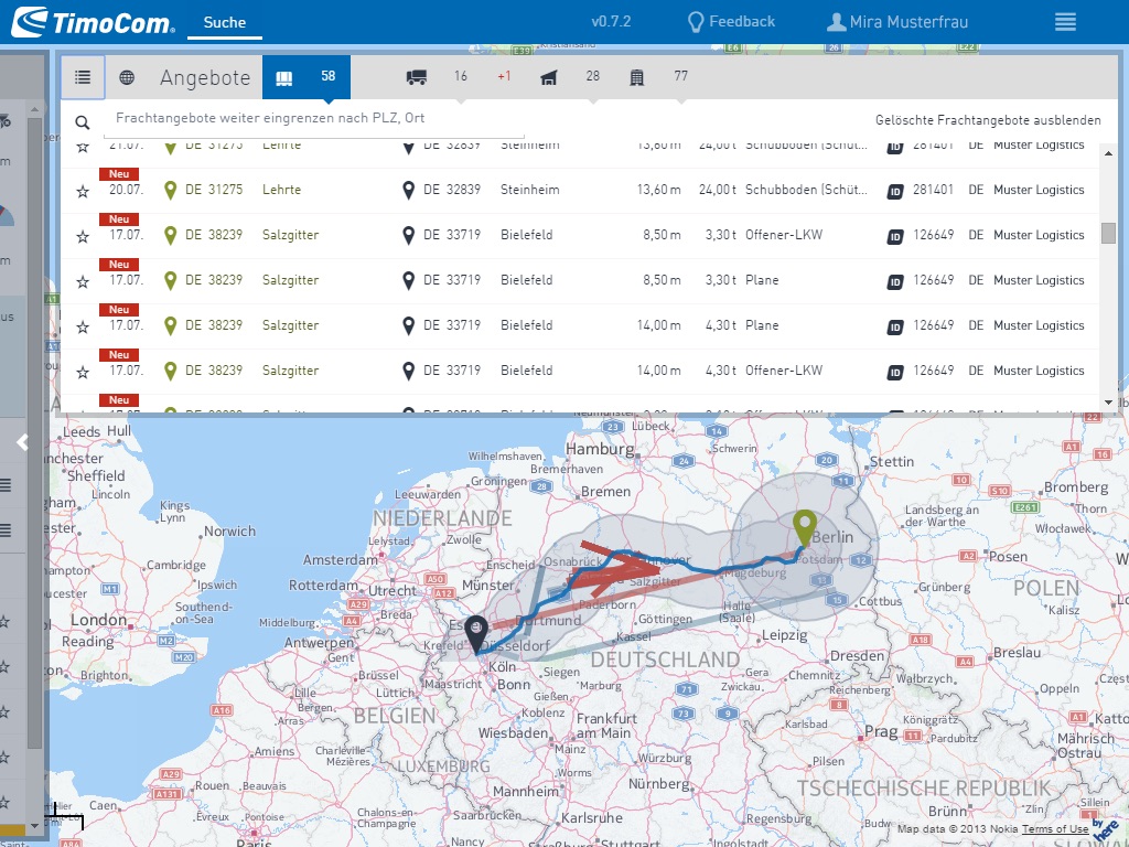 Freight offer table using full space of a tablet-PC resolution showing half of the table and half of the map.