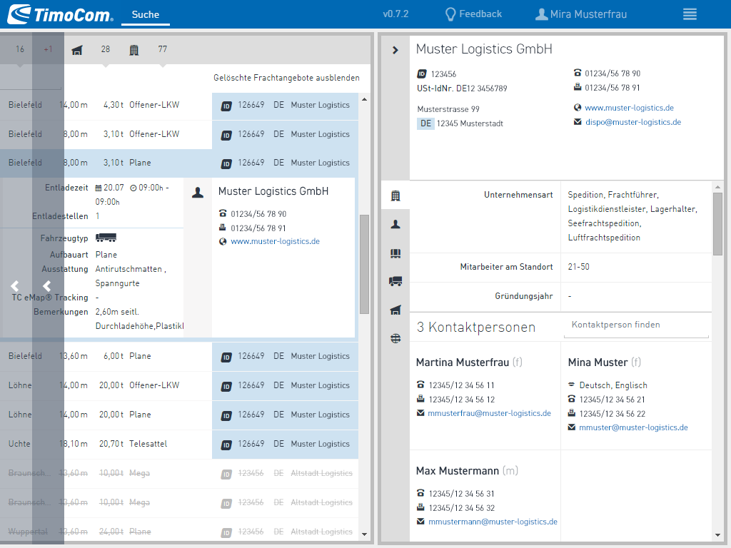 Screenshot shows the company profiles next to the offer table in tablet PC resolution