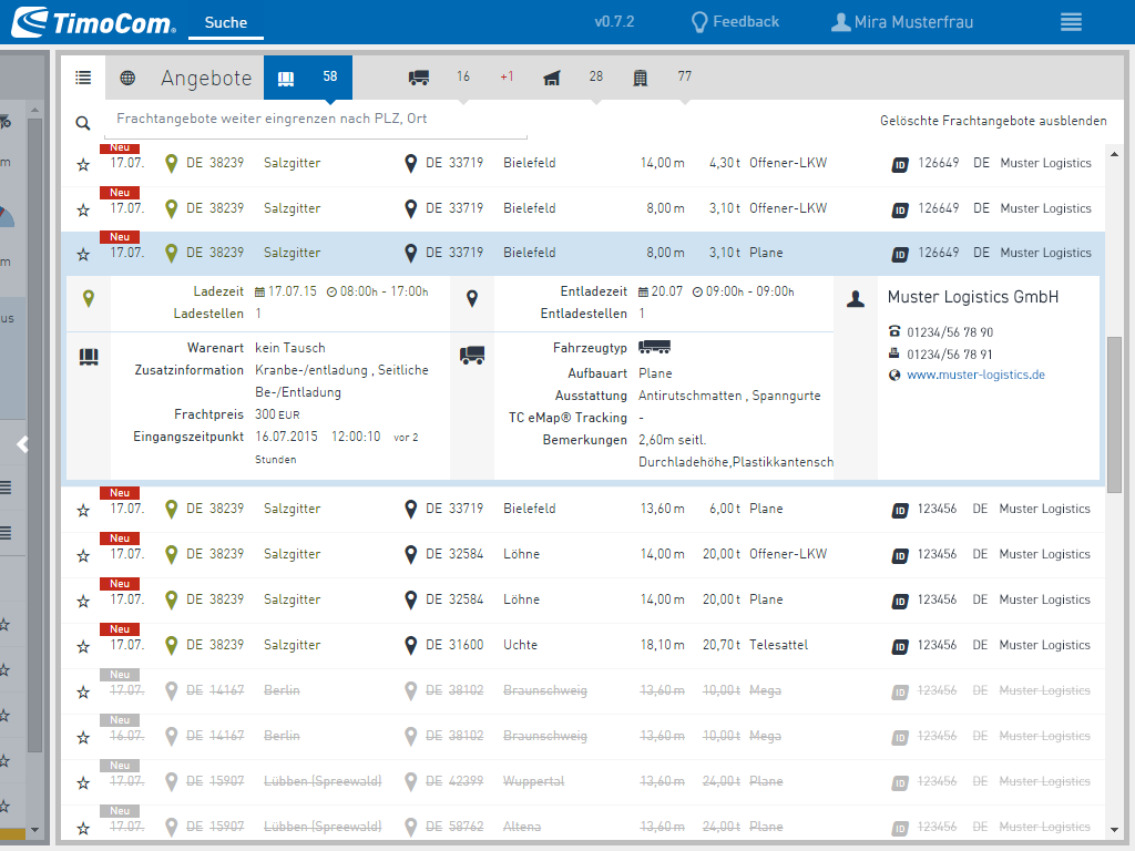 Freight offer table using full space of a tablet-PC resolution with open freight offer detail.